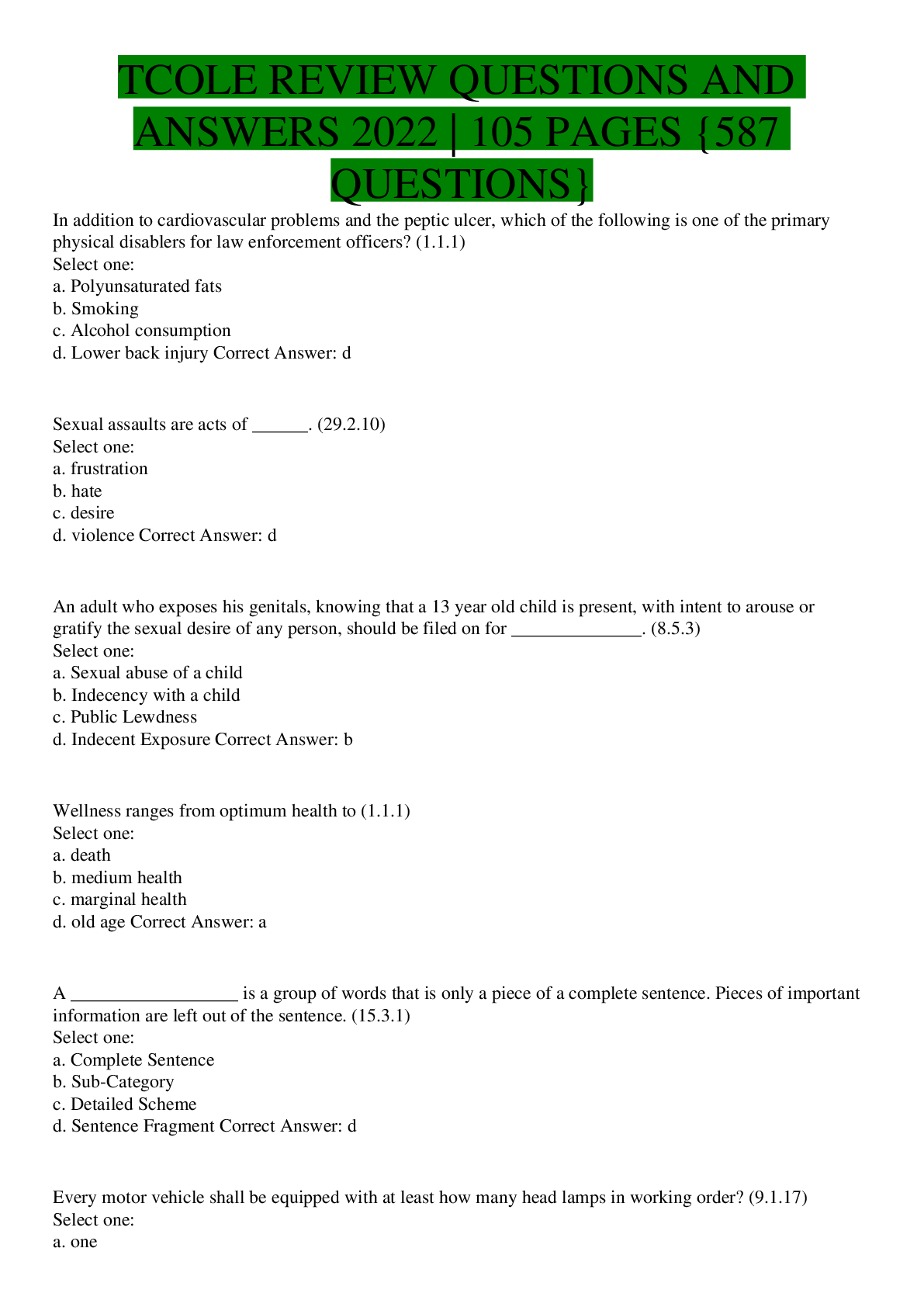 TCOLE(Texas Commission on Law Enforcement)QUESTIONS AND ANSWERS 2022